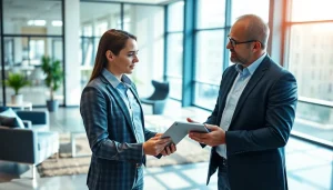 Headhunter Ingenieure im Gespräch mit einem qualifizierten Ingenieur im modernen Büro.