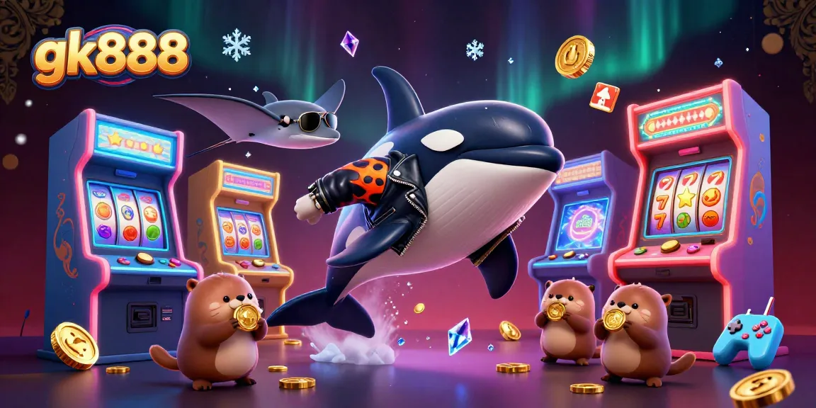 Experience the thrill of gk888 with vibrant casino elements and characters like an orca whale and sea otters.