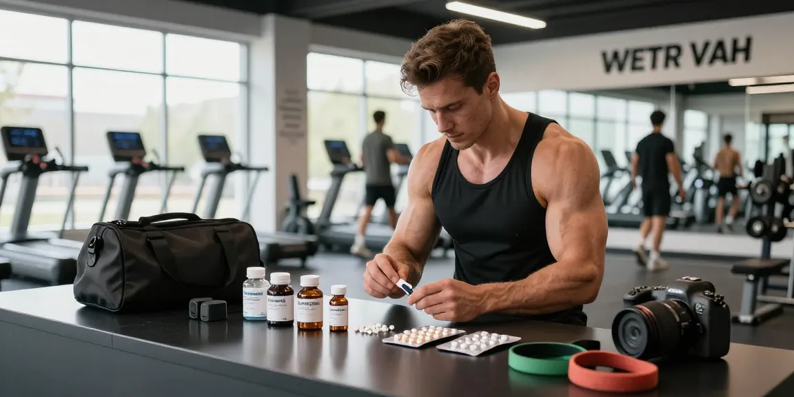 Anabolika Shop showcasing bodybuilding supplements with vials and packs on a gym surface during workout preparation.