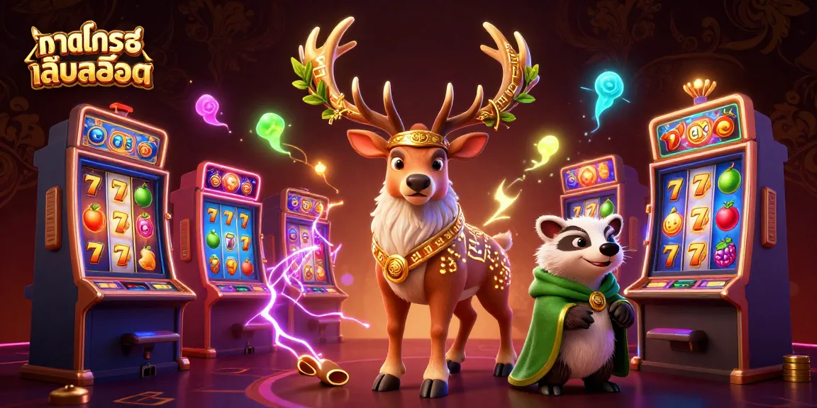 Engage in ทดลองเล่นสล็อต with a vibrant scene featuring a druid stag and badger amidst dynamic casino elements.