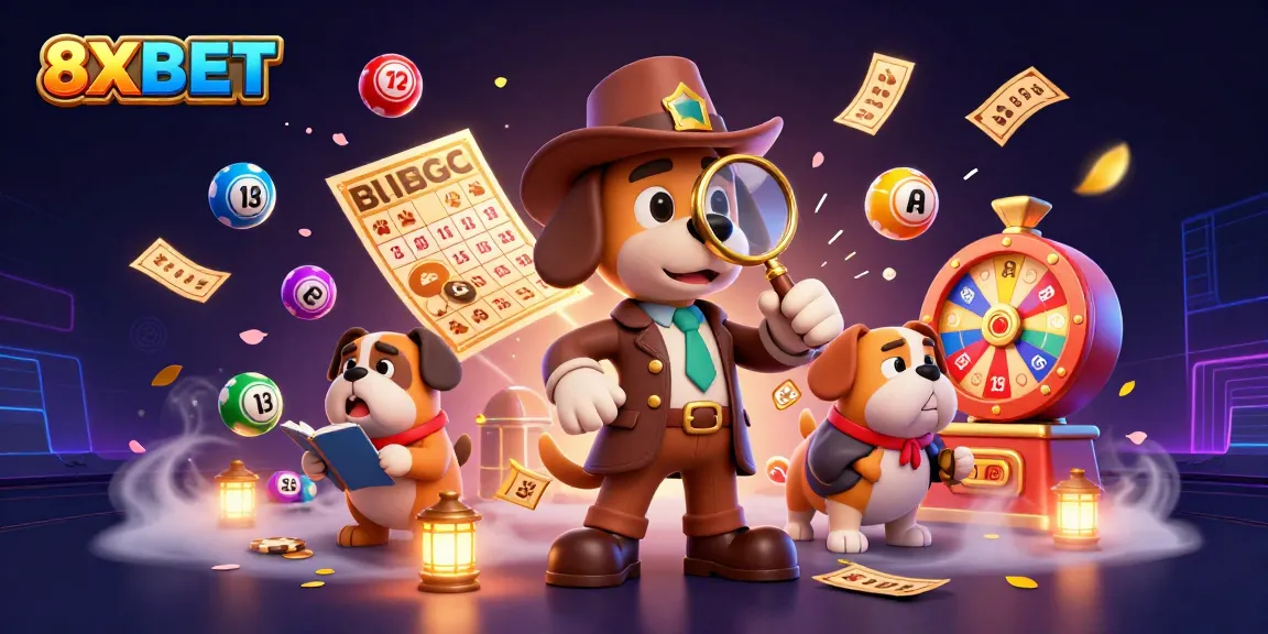Engage with 8XBET through a vibrant casino scene showcasing fun lottery elements and detective characters exploring clues.