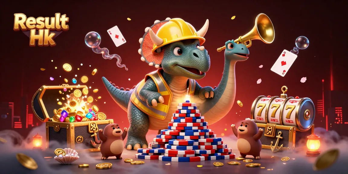 Cheering characters celebrate Result Hk with vibrant poker chips, games, and visually stunning elements.