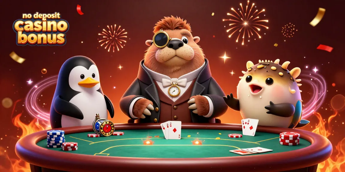 Play the no deposit casino bonus with a walrus, penguin, and pufferfish at an underwater poker table.